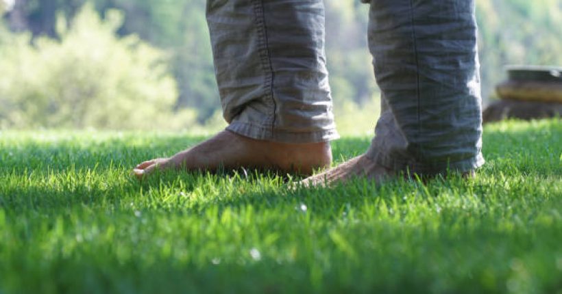 Walking barefoot in the garden.